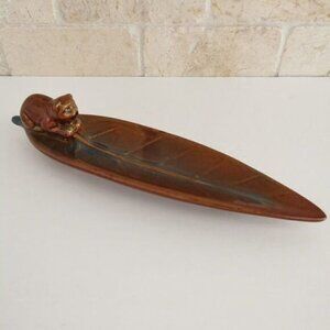 Cat Incense Holder Stick Burner Leaf Brown Ceramic Animal Figure